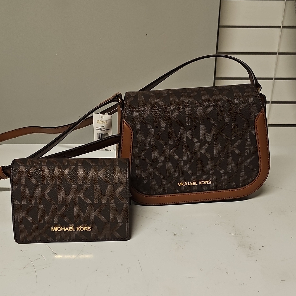 Michael Kors Dark Brown and Tan Logo Bag Set
